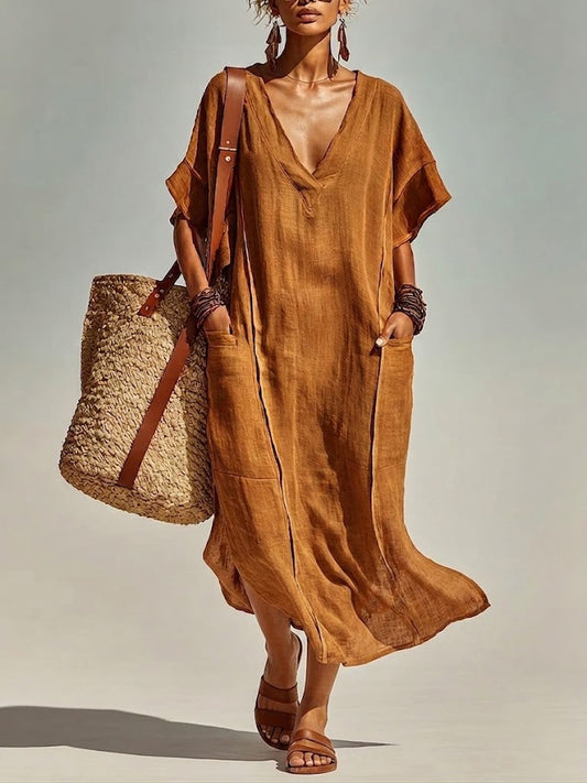 Casual Loose-fit Linen And Cotton Dress