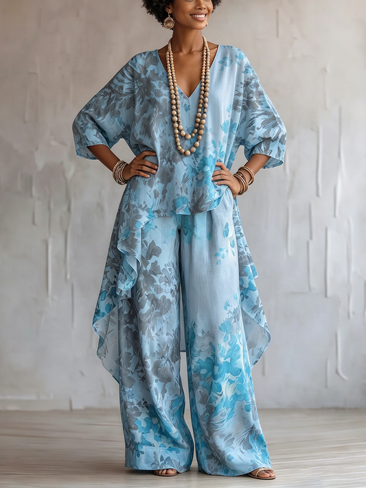Retro Artistic Watercolor Floral Print Two-piece Set