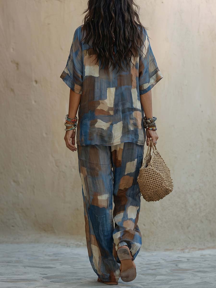 Colorful Square Decorative Pattern Stand-collar 1/2 Sleeve Cotton-linen Top And Pants Two-piece Set