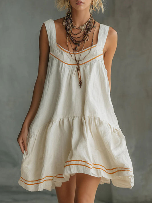 Women's Retro-casual Embossed Off-white Cotton-linen Mini Skirt