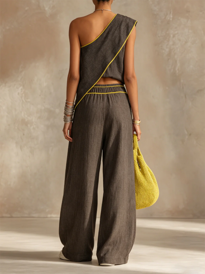 Modern Streetwear — Irregular-design Piped Cotton-linen Two-piece Set