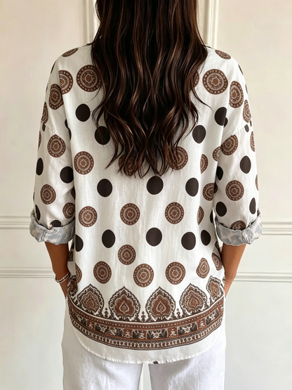 Women's Vintage-style Long-sleeve Casual Shirt With Totem And Polka Dot Print