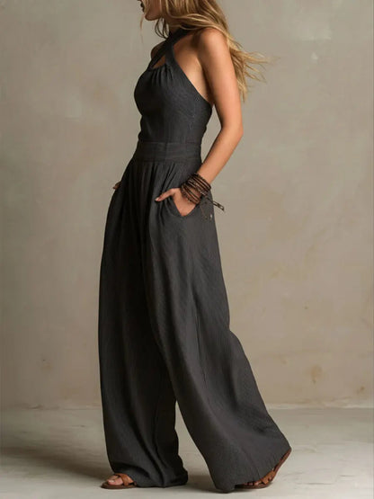 Women's Cross-neck Halter Design Cotton-linen Jumpsuit