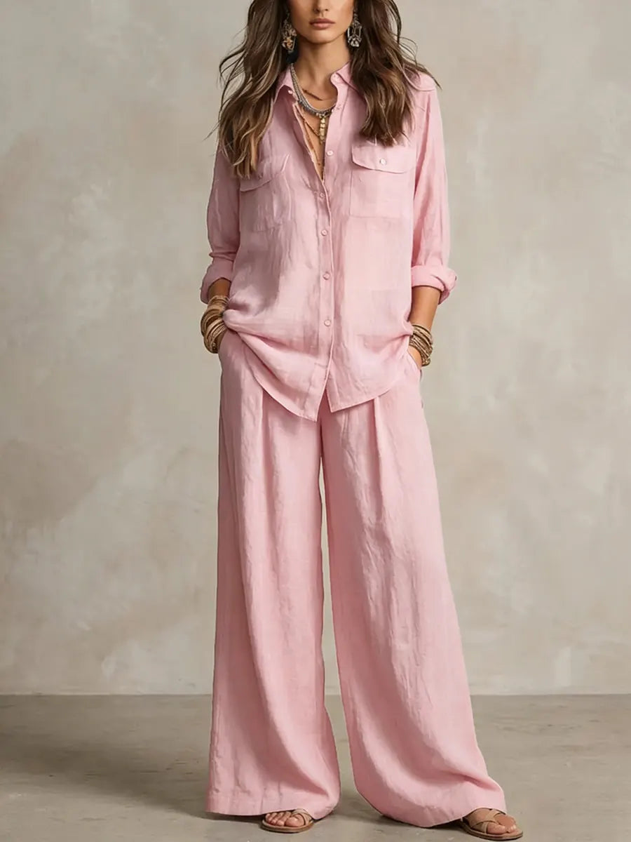 Women's Casual Cotton And Linen Wide-leg Pants Set