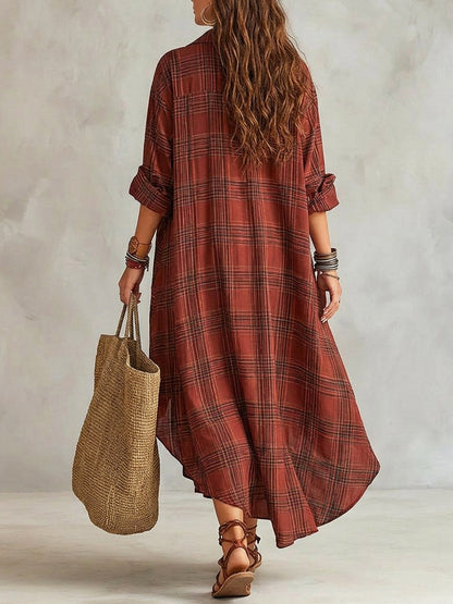 Women's Plaid Pattern Art Stylish Cotton Linen Maxi Dress
