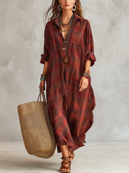 Women's Plaid Pattern Art Stylish Cotton Linen Maxi Dress