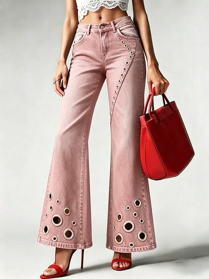 High-waisted Flared Jeans With Metal Ring Detail