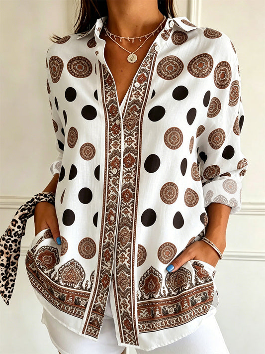 Women's Vintage-style Long-sleeve Casual Shirt With Totem And Polka Dot Print