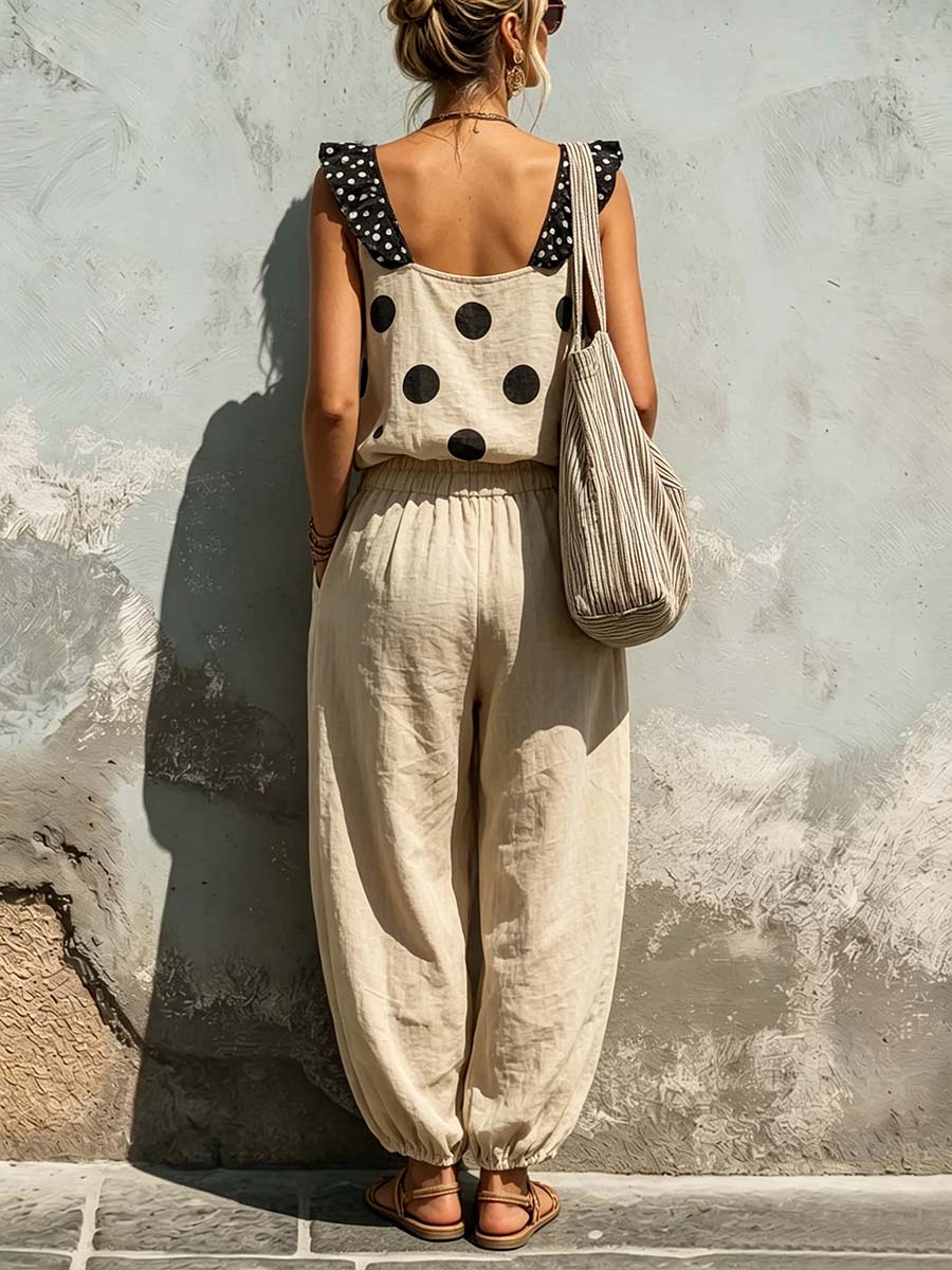 Women's Polka Dot Print V-neck Sleeveless Loose-fit Cotton-linen Top & Elastic-waist Wide-leg Pants Set