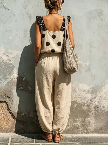 Women's Polka Dot Print V-neck Sleeveless Loose-fit Cotton-linen Top & Elastic-waist Wide-leg Pants Set