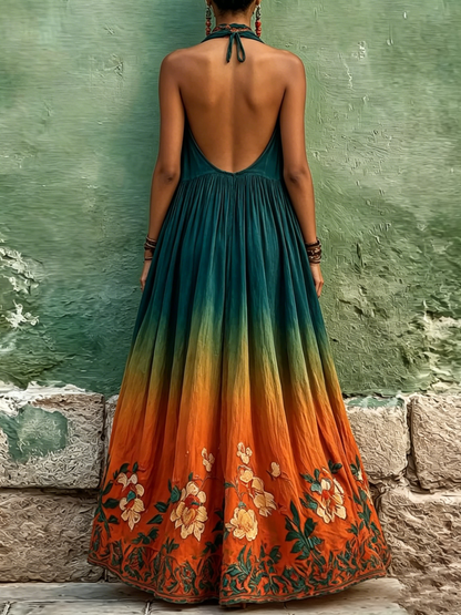 Ombre Tie-dye Halter Neck Embroidered Linen-cotton Maxi Dress
