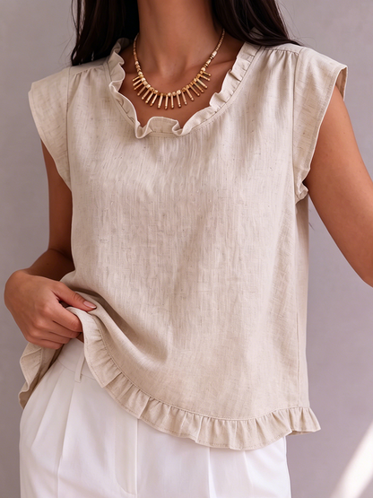 Ruffled Semi-stand Collar Cotton-linen Shirt Top