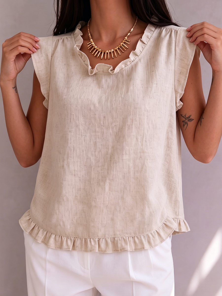 Ruffled Semi-stand Collar Cotton-linen Shirt Top