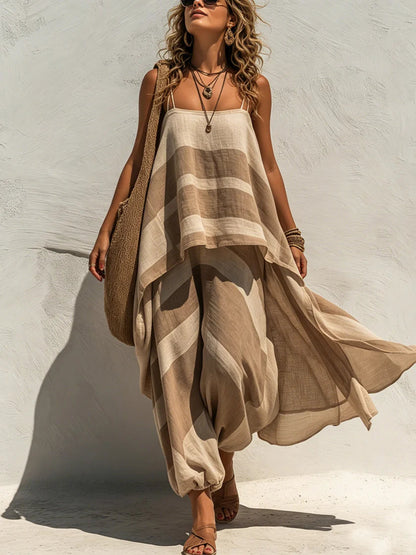 Cozy & Casual Striped Linen-cotton Two-piece Set: Long Spaghetti-strap Top And Lantern Pants