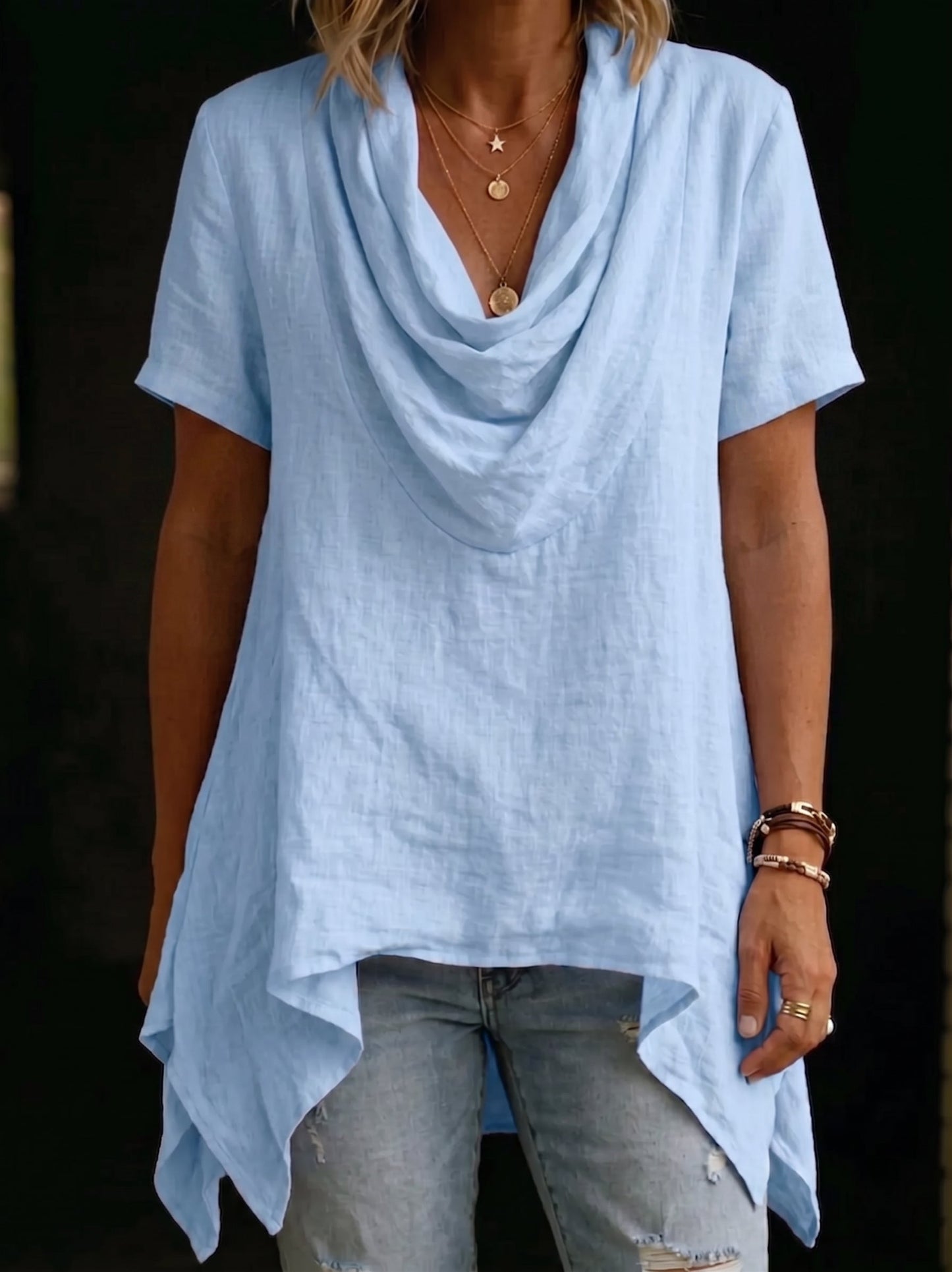 Women's Solid-color Swing-neck Cotton-linen Top With Asymmetrical Hem
