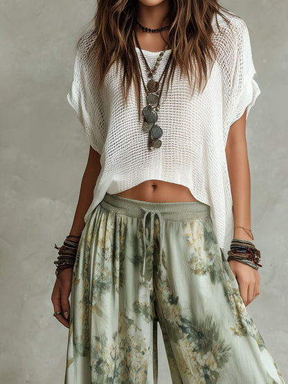 White Crochet Knit Crop Top & Light Green Ink Floral Print Elastic Waist Lantern Pants Set
