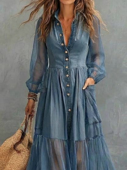 Women's Retro Lapel Denim Organza Patchwork Art Casual Maxi Dress