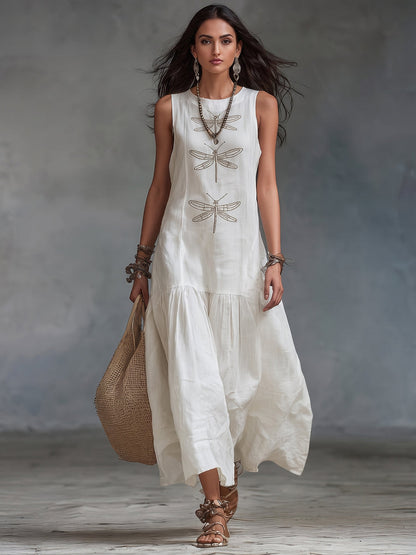 Retro Boho Dragonfly-print Cotton-linen Maxi Dress