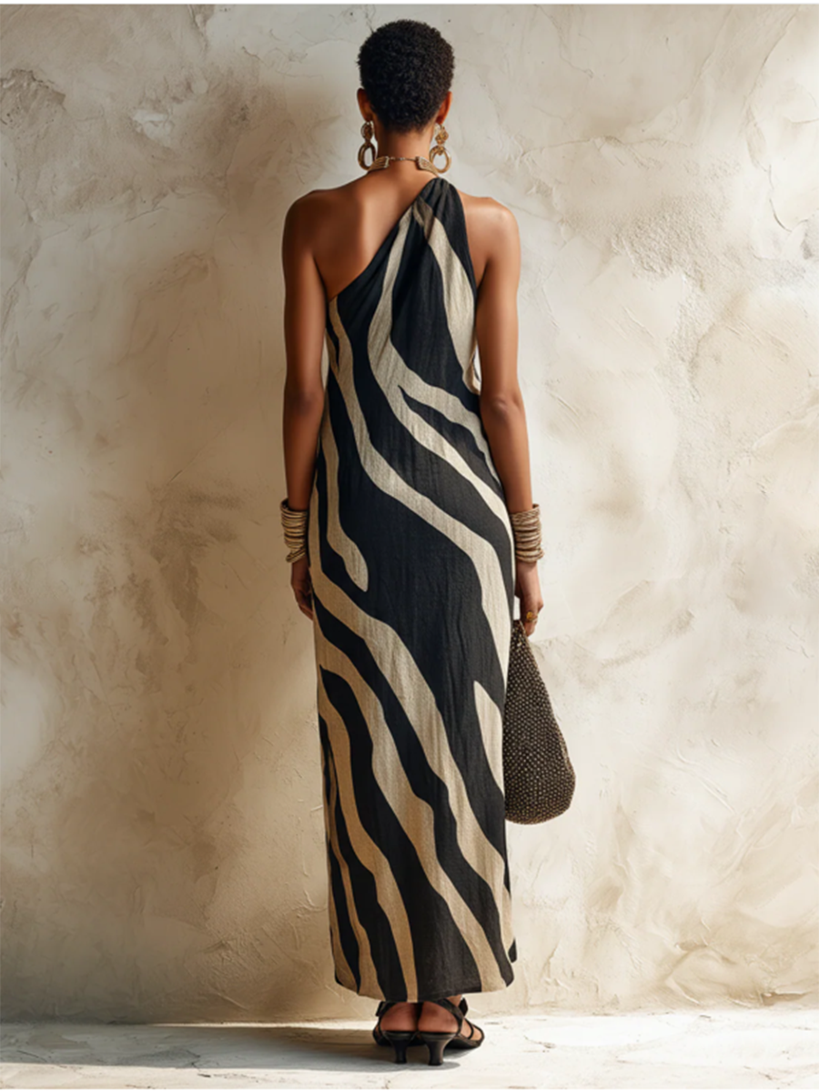 Effortless Elegance-Zebra Print Halter Maxi Dress