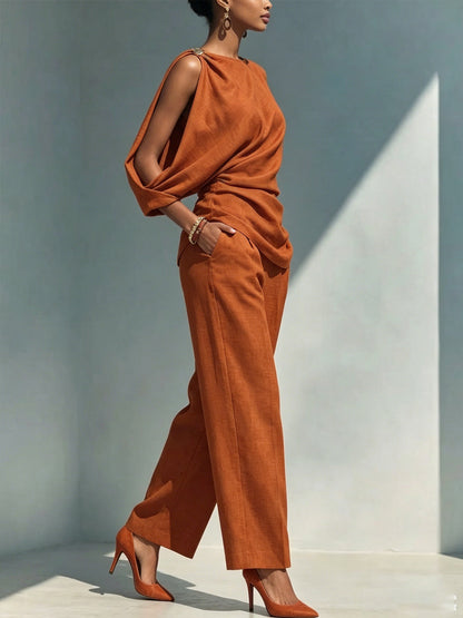 Women's Off-shoulder Irregular Cut Cotton And Linen Set