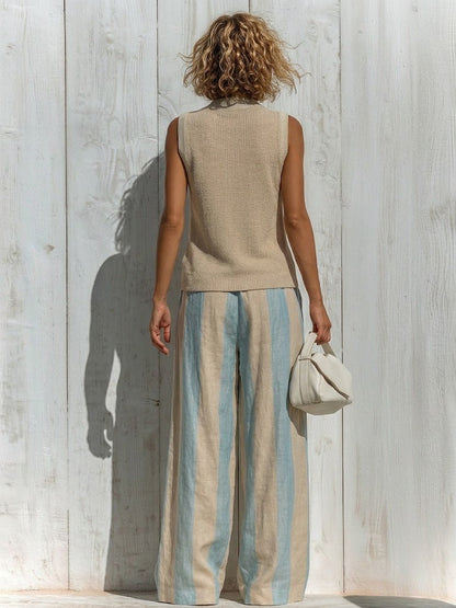 Casual And Cozy Two-piece Set: Knitted Cotton Top And Striped Linen-cotton Trousers