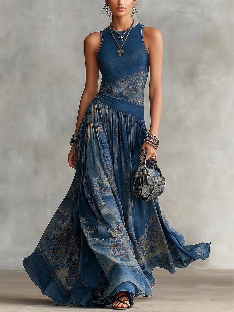 Tie-dye Print Sleeveless Crew Neck Cinched Waist Swing Dress