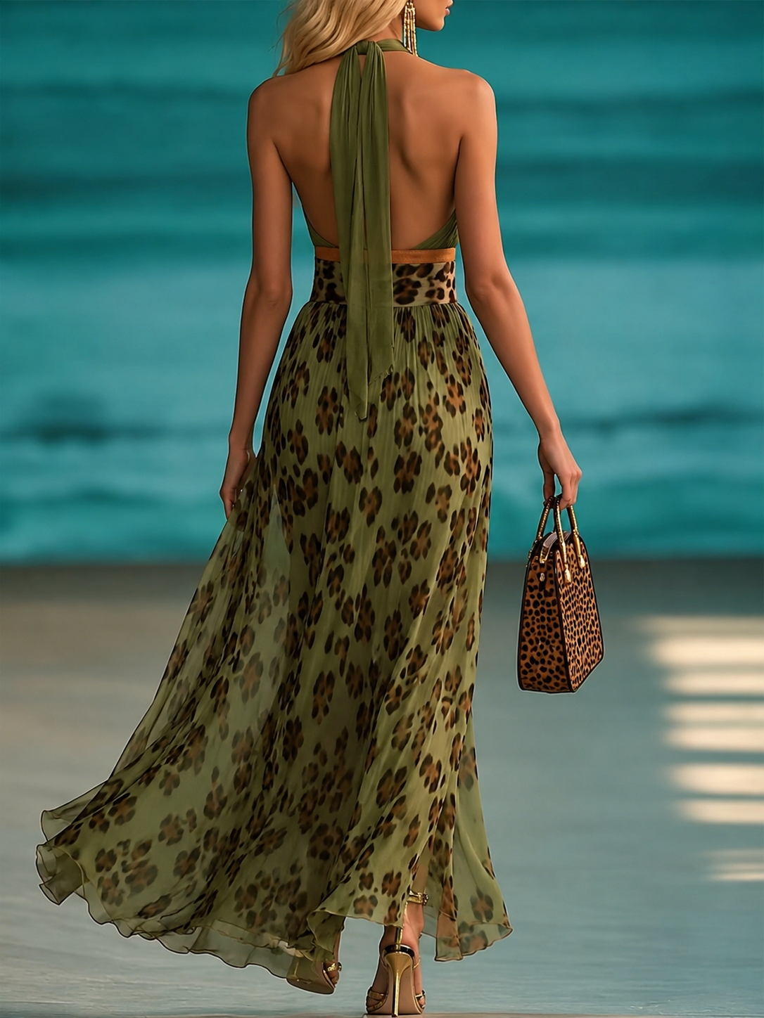 Color-block Patchwork Halter Chiffon Dress With Leopard Print And Slit