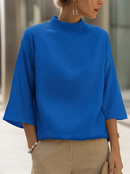 Minimalist Elegance Mock Neck Cotton-linen Shirt