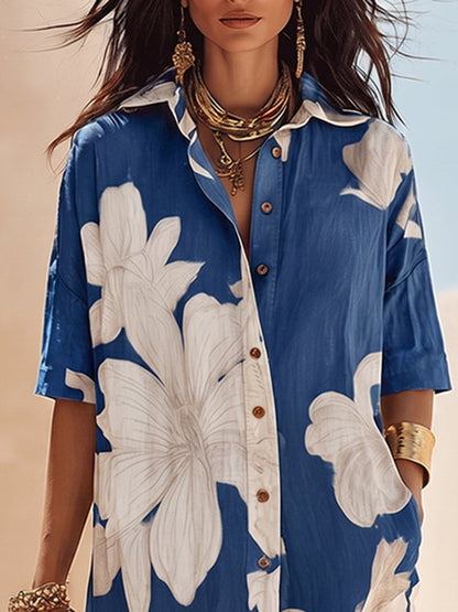 Boho Vacation White Cotton-linen Dress With Floral Print