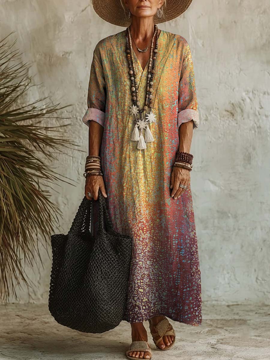 Women's Vintage Print Casual Cotton-linen Maxi Dress