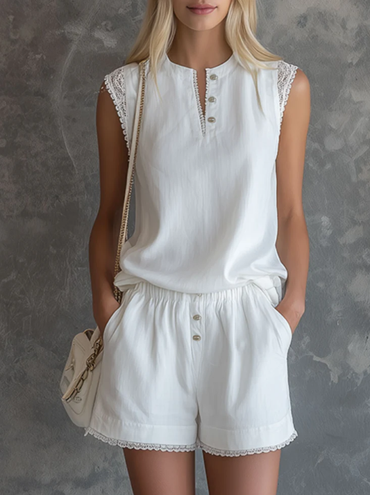 Lace-trimmed Sleeveless Top ＆ Shorts Casual Set