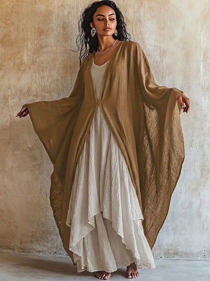 Loose And Comfortable Linen-cotton Two-piece Set: Cardigan And Sleeveless Dress