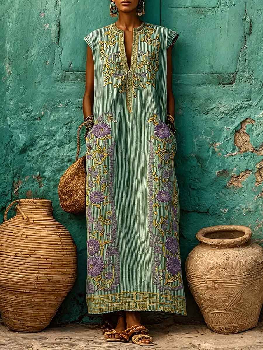 Women's Casual Loose Cotton-linen Dress — V-neck Sleeveless With Placement Print