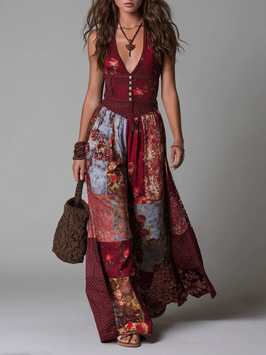 Vintage V-neck Patchwork Print Linen & Cotton Maxi Dress