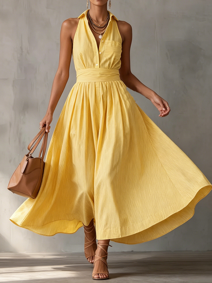 Sun-drenched Yellow Striped Maxi Dress - Cruise-ready Halter Neck Sundress