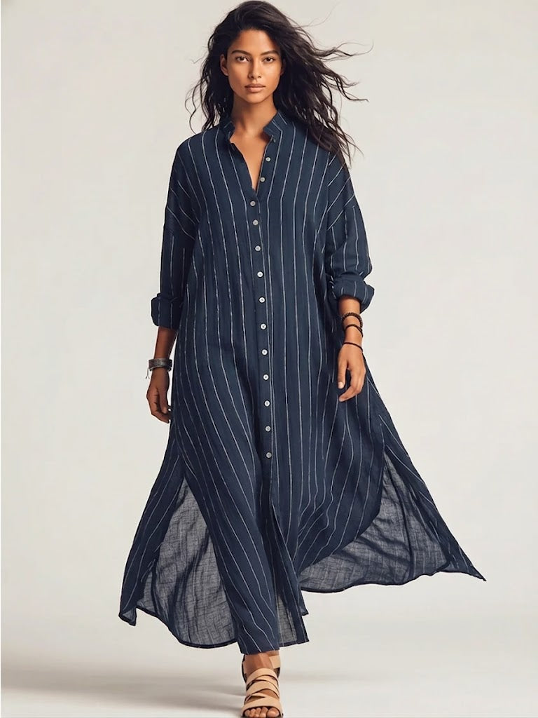 Loose-fit Casual Striped Linen-cotton Shirt Dress