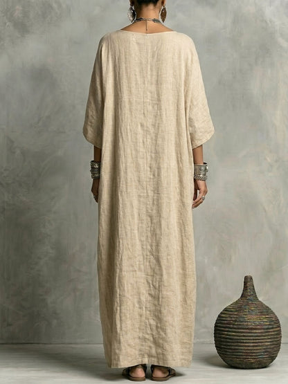 Women's Round-neck 3/4-sleeve Single-breasted Cotton-linen Maxi Dress