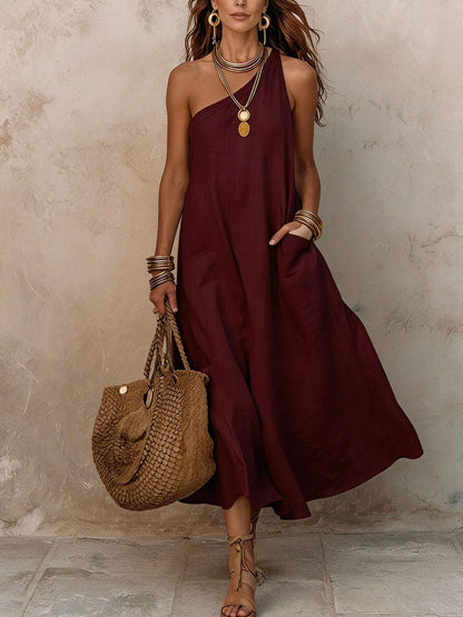 Women's Solid-color One-shoulder Retro-style Sleeveless Vacation Dress