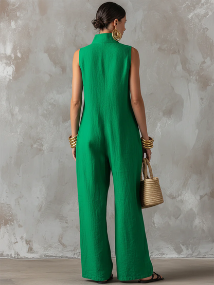 Minimalist & Elegant Stand-collar Sleeveless Cotton-linen Wide-leg Jumpsuit