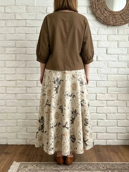 Women's Minimalist Lantern Sleeve Top And Floral Skirt Set