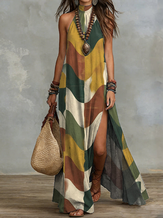 Bohemian-style Color-block Plaid Art Print Halter Neck Slit Cotton-linen Dress