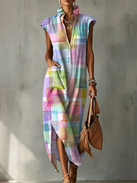 Fun Colorful Geometric Square Decorative Pattern Women‘s Bud Collar Cotton Linen Dress