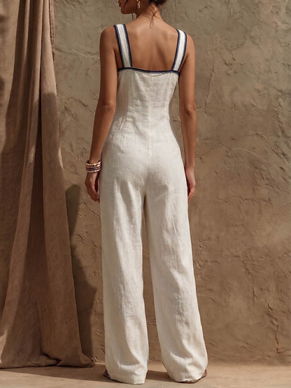 Women's Sleeveless Casual Slim-fit Cotton-linen Wide-leg Jumpsuit With Straps
