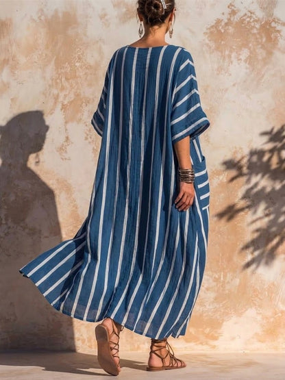 Casual Loose-fit Striped Linen And Cotton Dress