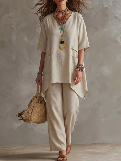 Casual Linen And Cotton Two-piece Top And Pants Set