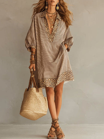 Women's Retro Striped & Leopard Print Casual Cotton Dress