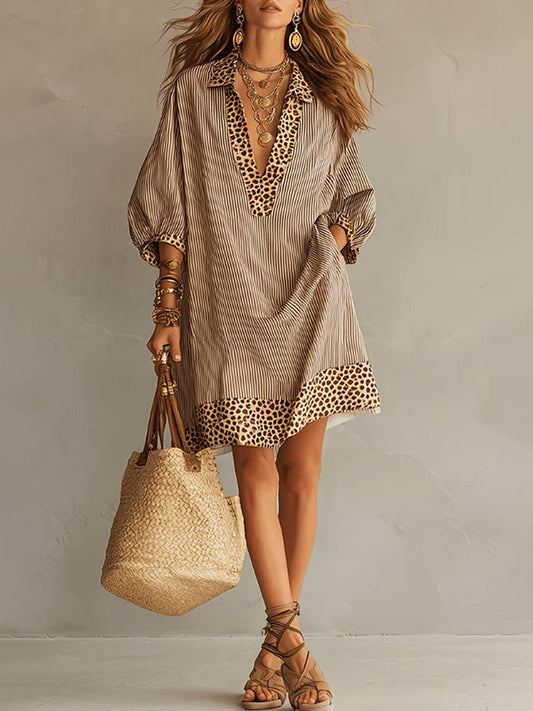 Women's Retro Striped & Leopard Print Casual Cotton Dress