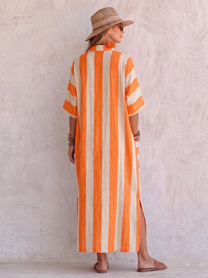 Cozy Classic Striped Cotton-linen Dress