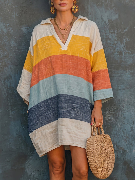 Cozy Colorful Striped Polo Collar Cotton-linen Mini Dress