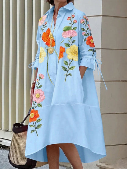 Women's Casual Loose Cotton-linen Dress With Shirt Collar 3/4 Sleeves And Placement Print